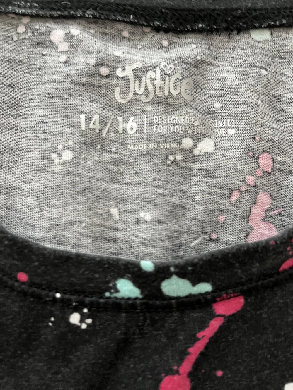 Justice Girls Black Long Sleeve Tee with Pink, Teal & White Paint Splatter